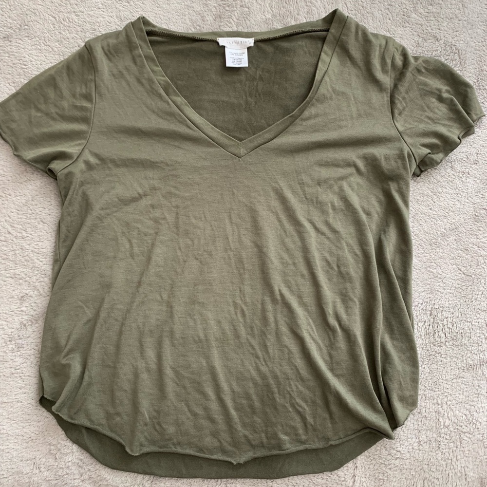 Green v-neck shirt